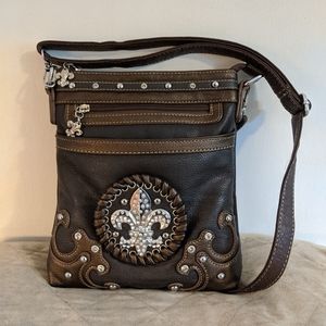 Fleur de Lis Brown Leather Cross Body Bag